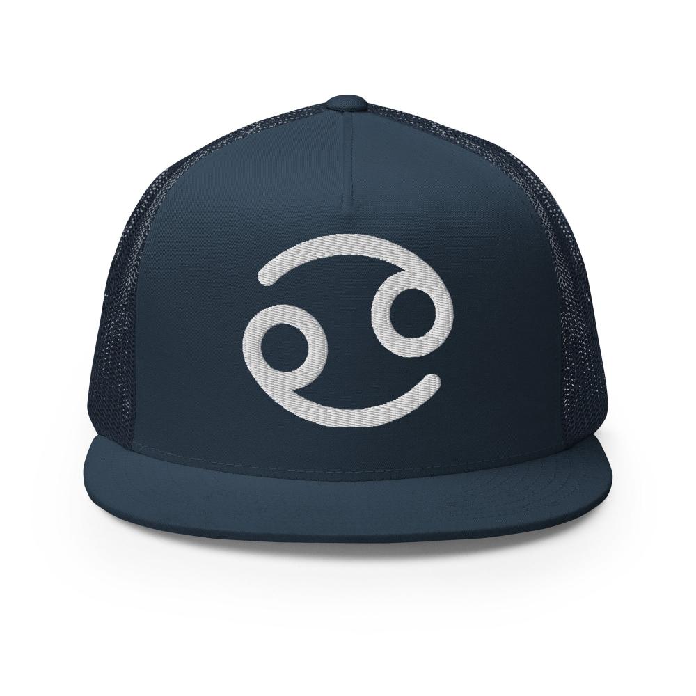 Cancer Zodiac Embroidered Flat Bill Trucker Hat - Navy Color - https://ascensionemporium.net